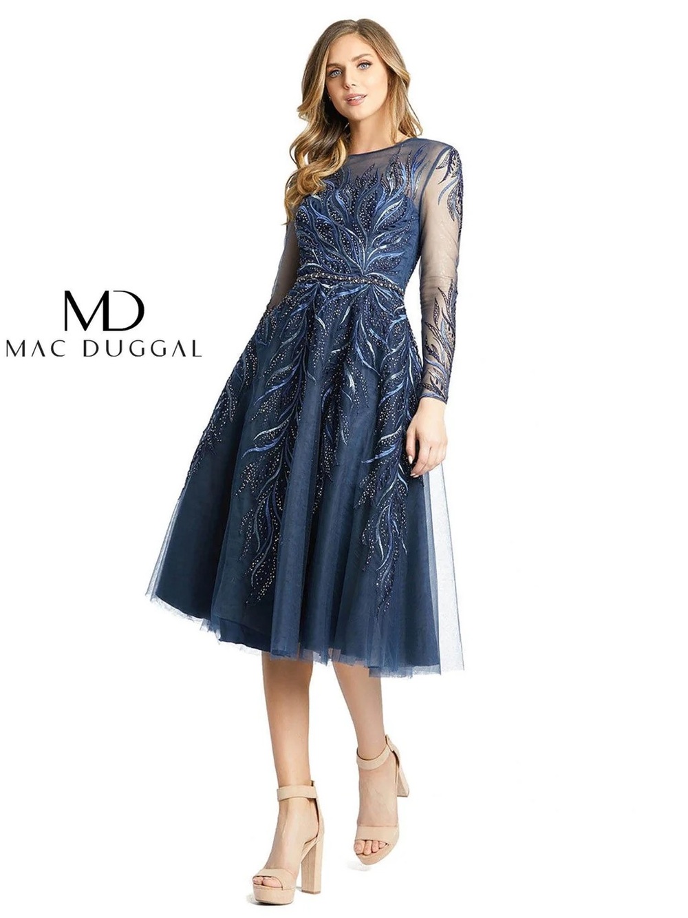 Mac Duggal Navy Embellished Tulle Midi Dress